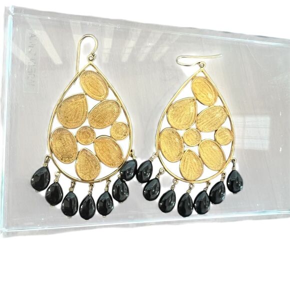 Gold-plated black onyx-style beads, teardrop shaped, like new, large dangling - Picture 3 of 3